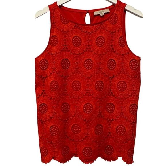 Loft Size Small Red Orange Blouse Embroidered Sunflower Lace Floral Top Cotton - Picture 2 of 12